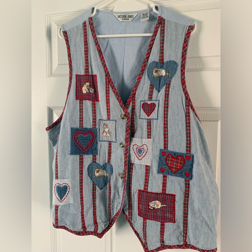 Kitsch Cat Vest Vintage Victoria Jones Embroidered Denim sz 22w
